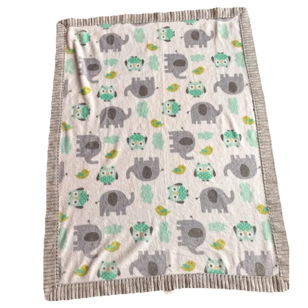 Garanimals Baby Blanket Lovey Owls Elephants Birds 30x40 Gray Ribbed Trim Fleece